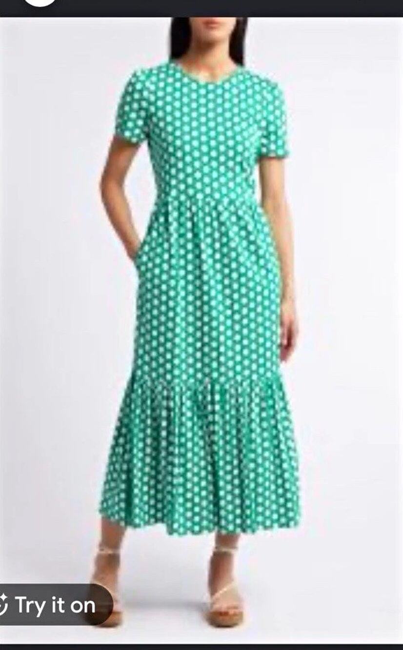 Boden Green White Geometric Midi Dress Women’s 12 Regular Short Sleeve Round